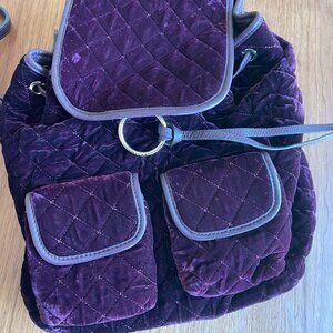 Vince Camuto Velvet Quilted Backpack Purple Leather Front Tassel Flap Pocket